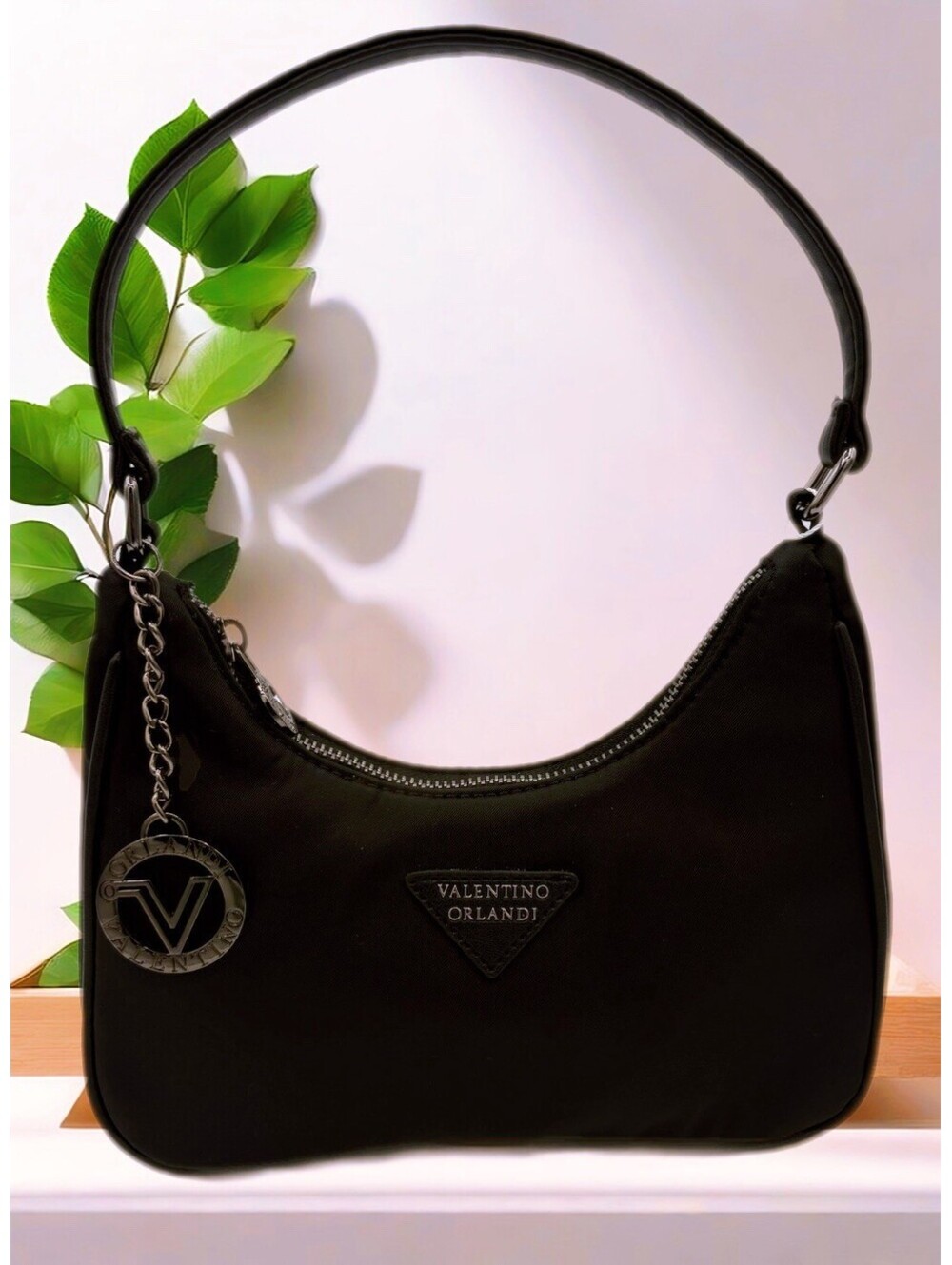 Valentino Orlandi Black Crescent Shoulder Bag Zip Logo Charm